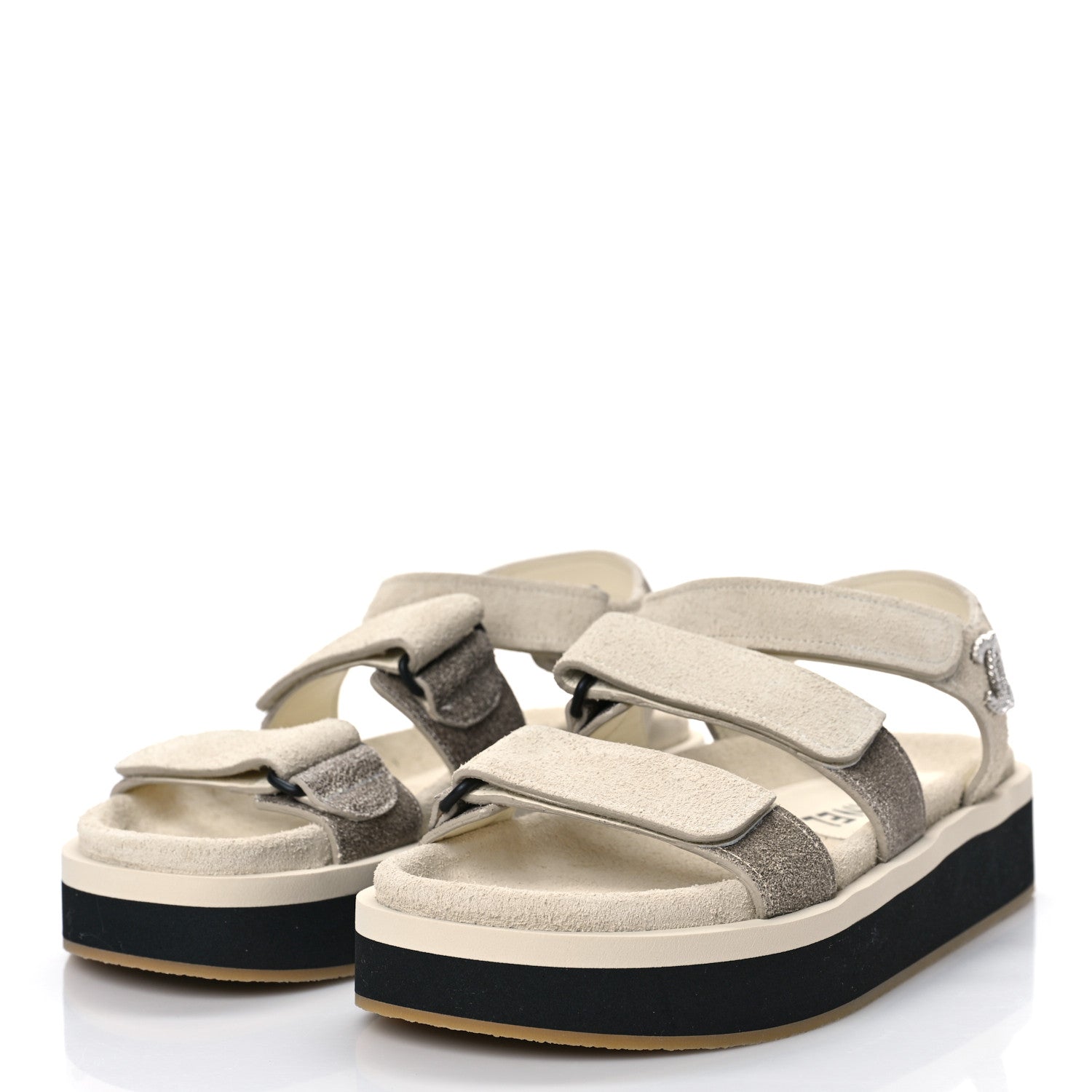 Chanel Suede Calfskin Velcro Flat Sandals 37 Ecru Dark Beige 4 of 8