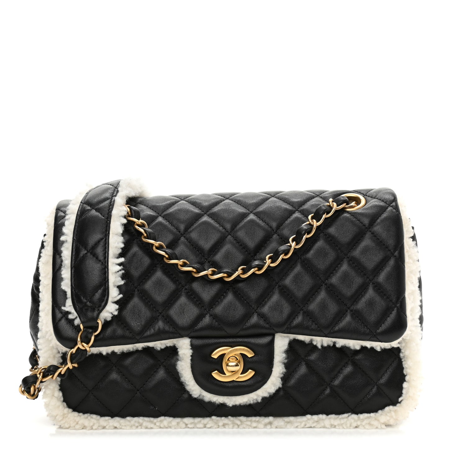 Lambskin Shearling Large CC Flap Bag Black White