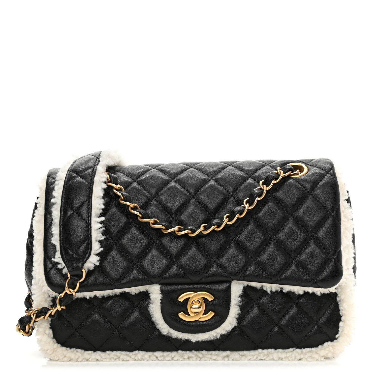 Chanel Lambskin Shearling Large CC Flap Bag Black White 1 of 9