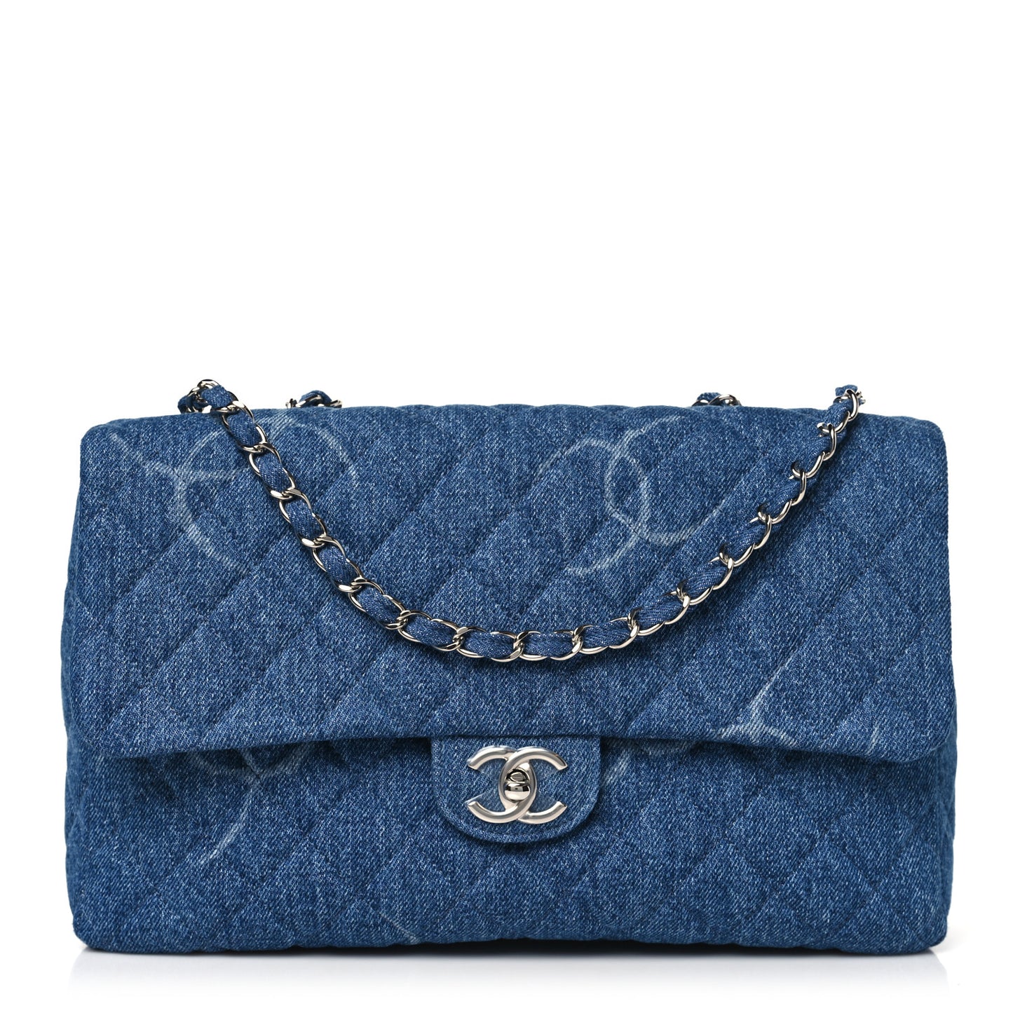 Denim Quilted CC Print Jumbo Single Flap Blue
