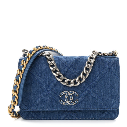 Chanel Denim Quilted Chanel 19 Wallet On Chain WOC Blue 1 of 12