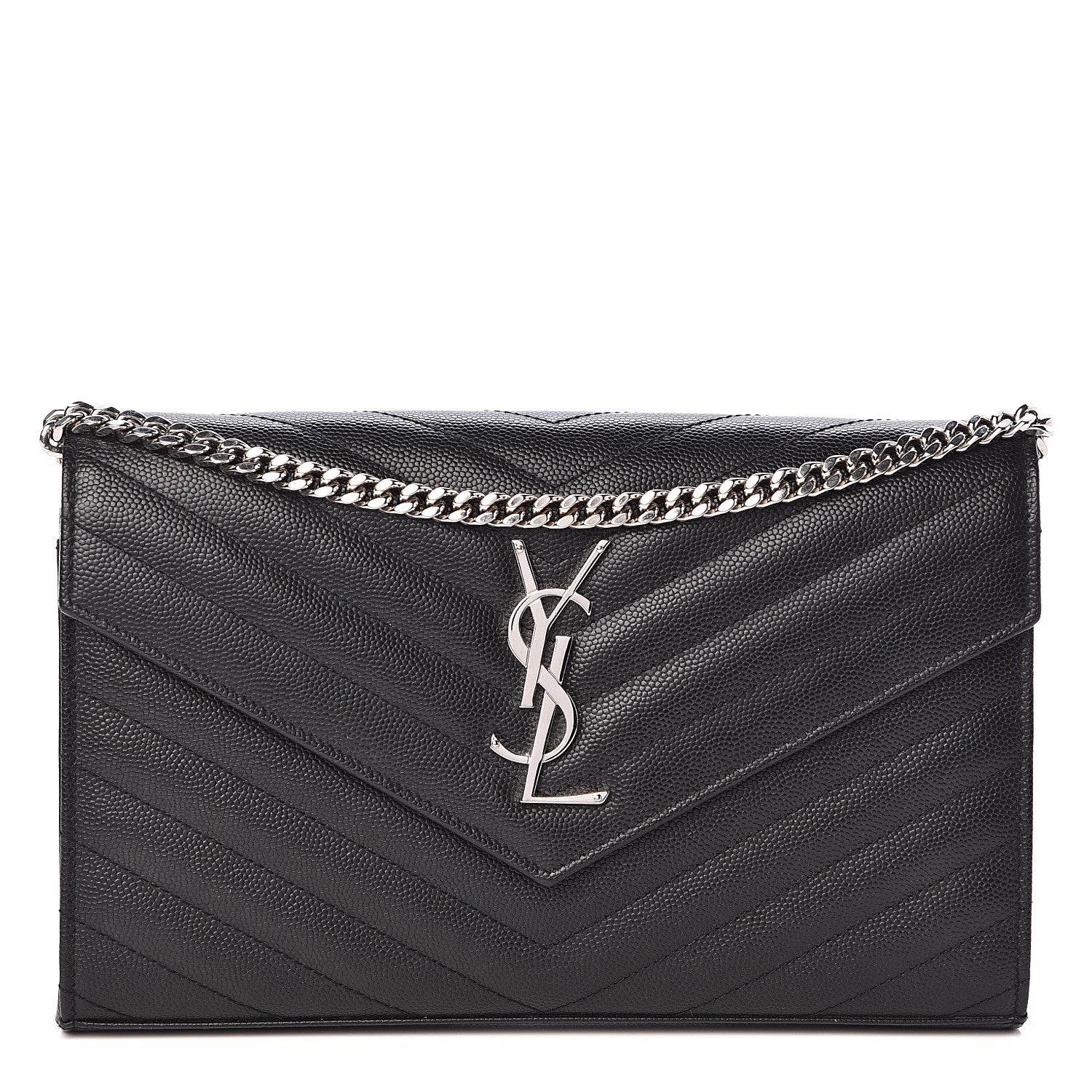 Saint Laurent Grain De Poudre Matelasse Chevron Medium Monogram Chain Wallet Black 1 of 10