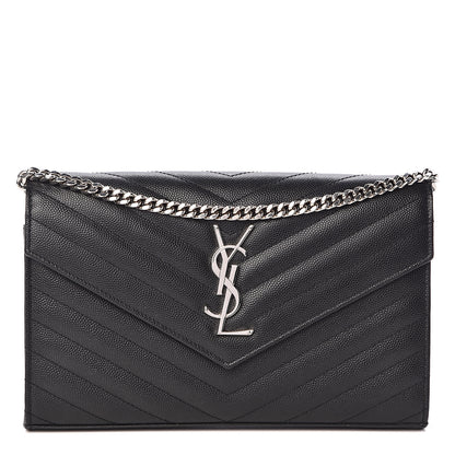 Saint Laurent Grain De Poudre Matelasse Chevron Medium Monogram Chain Wallet Black 1 of 10