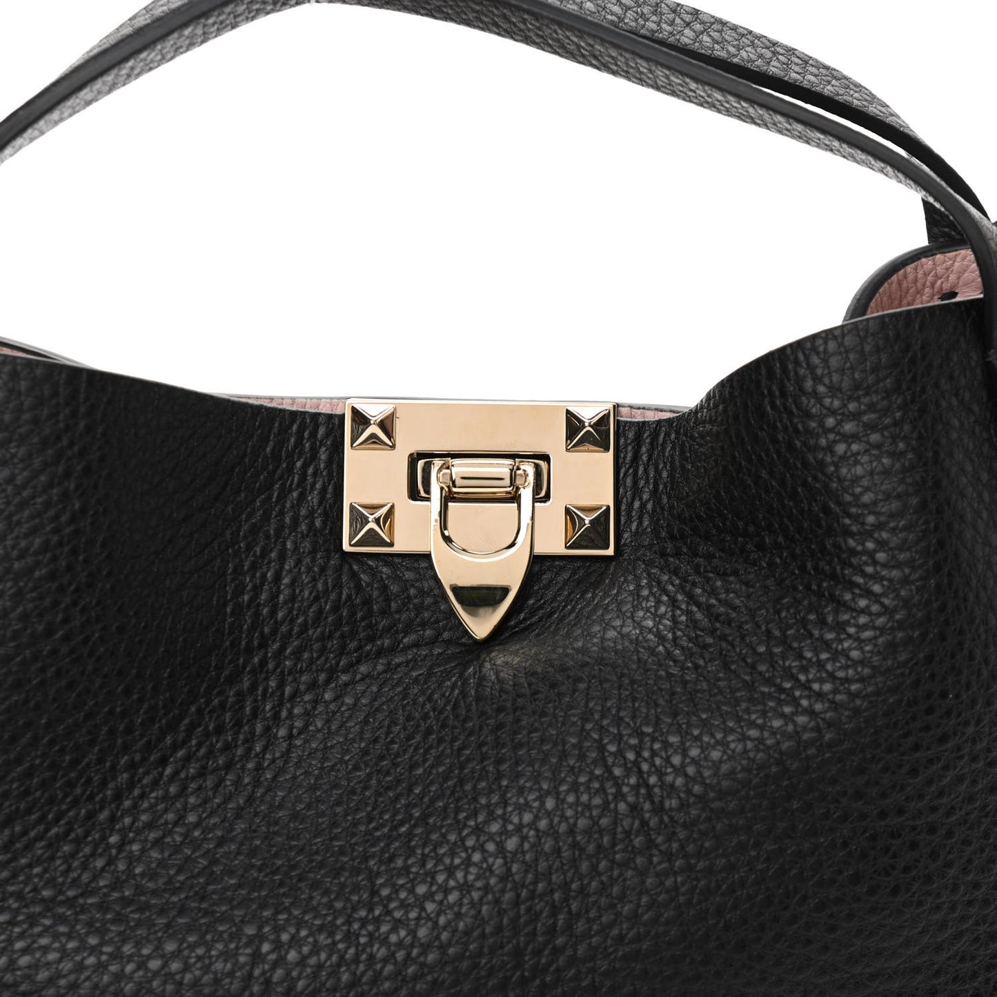 Grained Calfskin Small Rockstud Flip Lock Tote Black Rose Quartz
