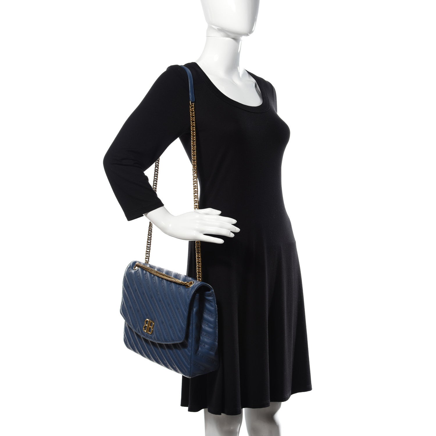 Balenciaga Calfskin Logo Matelasse Large BB Flap Chain Shoulder Bag Bleu Tanzanite 2 of 9