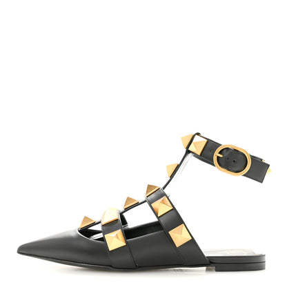 Valentino Garavani Calfskin Roman Stud Ankle Strap Flat Mules 37.5 Black 1 of 9