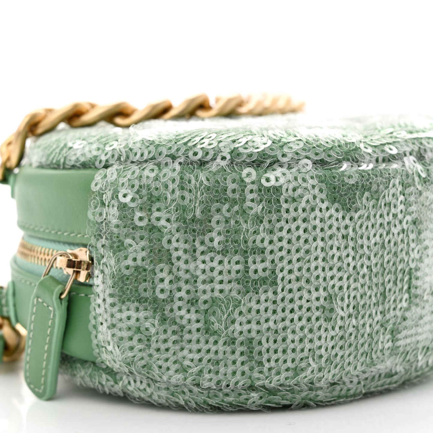 Sequin Chanel 19 Round Clutch With Chain Green Green
