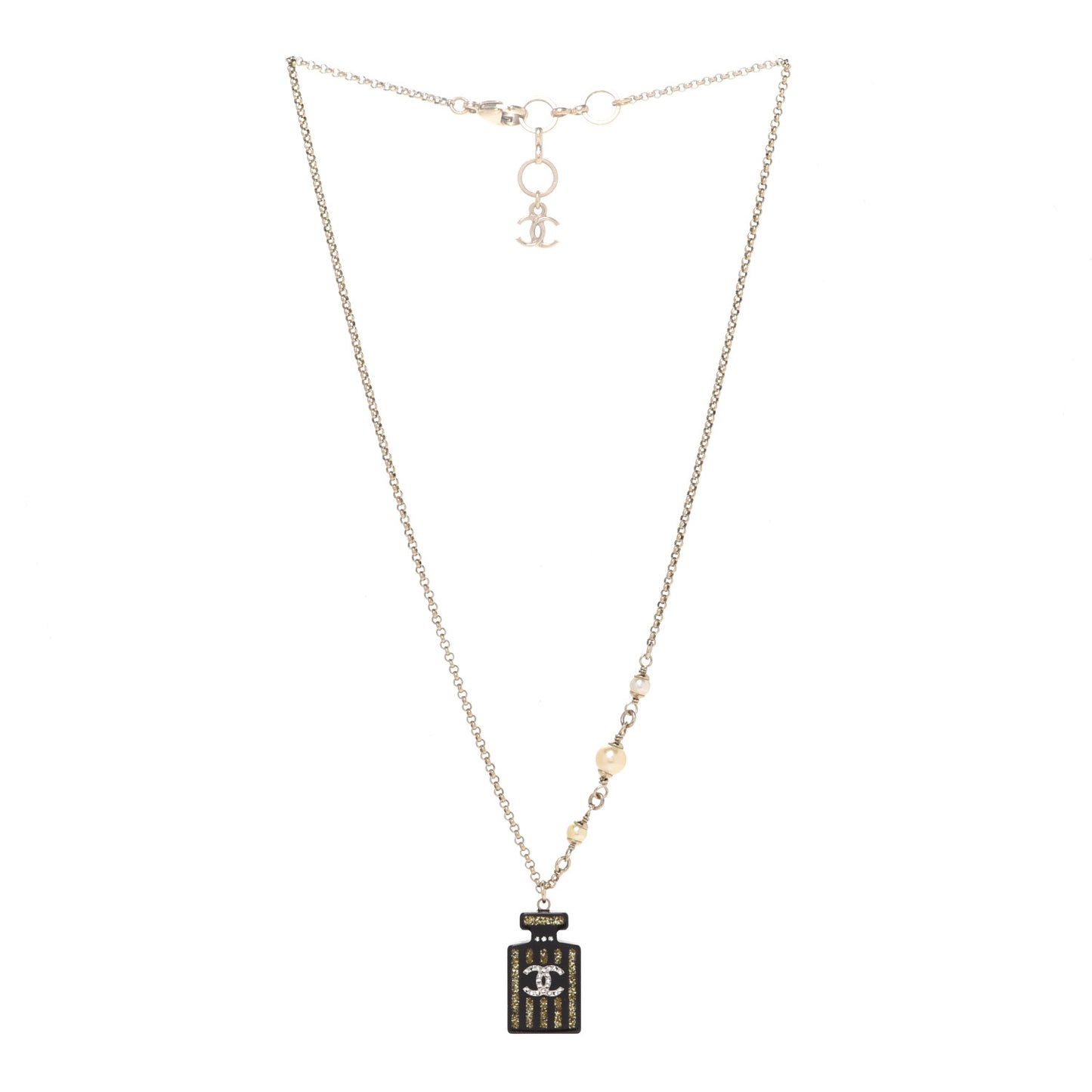 Resin Strass Perfume Bottle CC Necklace Black Gold