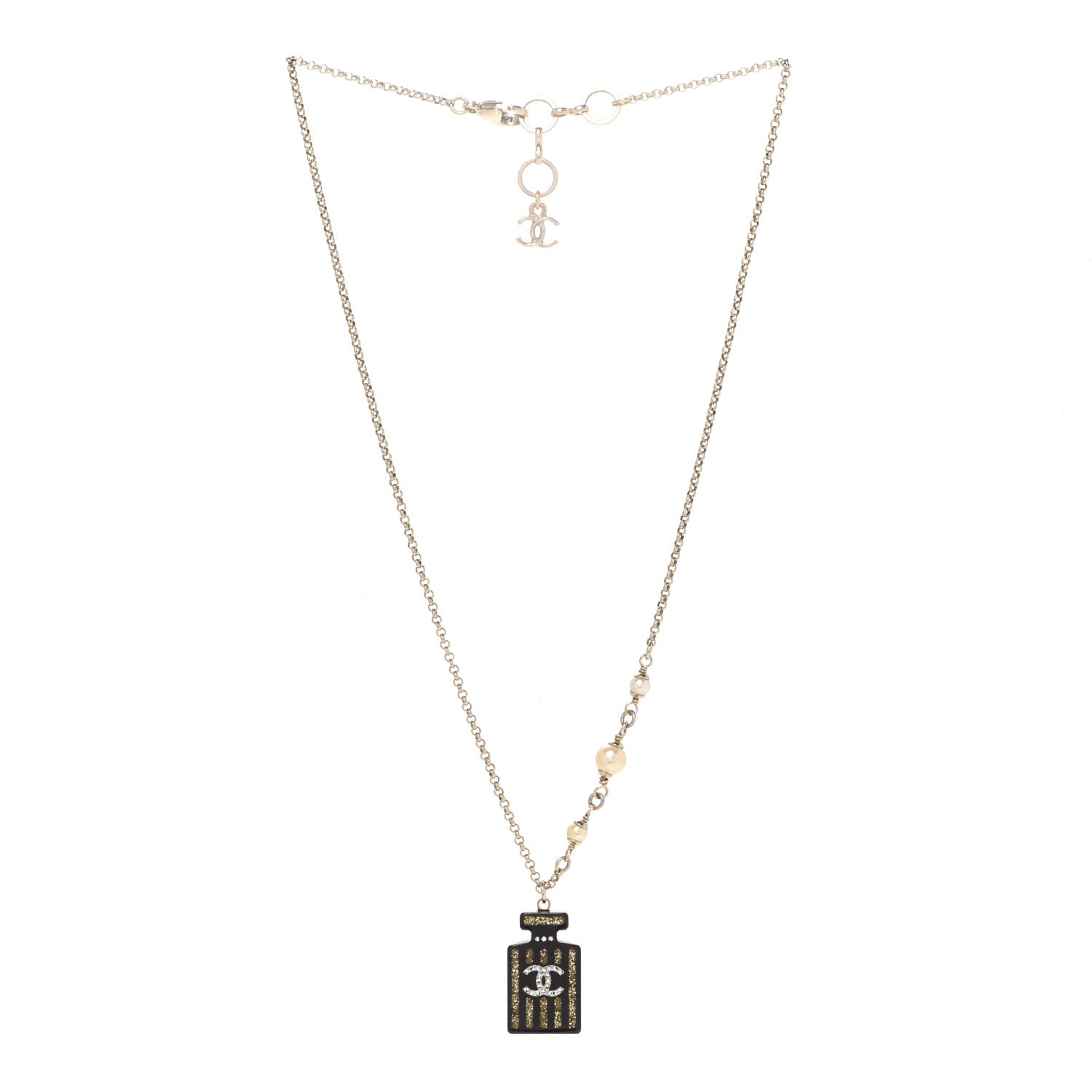 Chanel Resin Strass Perfume Bottle CC Necklace Black Gold 3 of 5