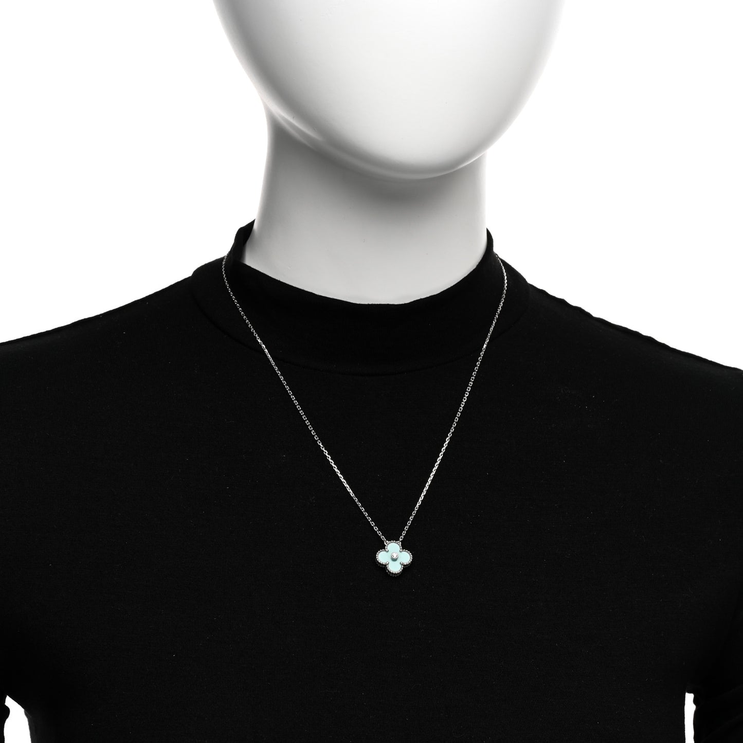18K White Gold Diamond Celadon Green Sevres Porcelain Vintage Alhambra Pendant Necklace