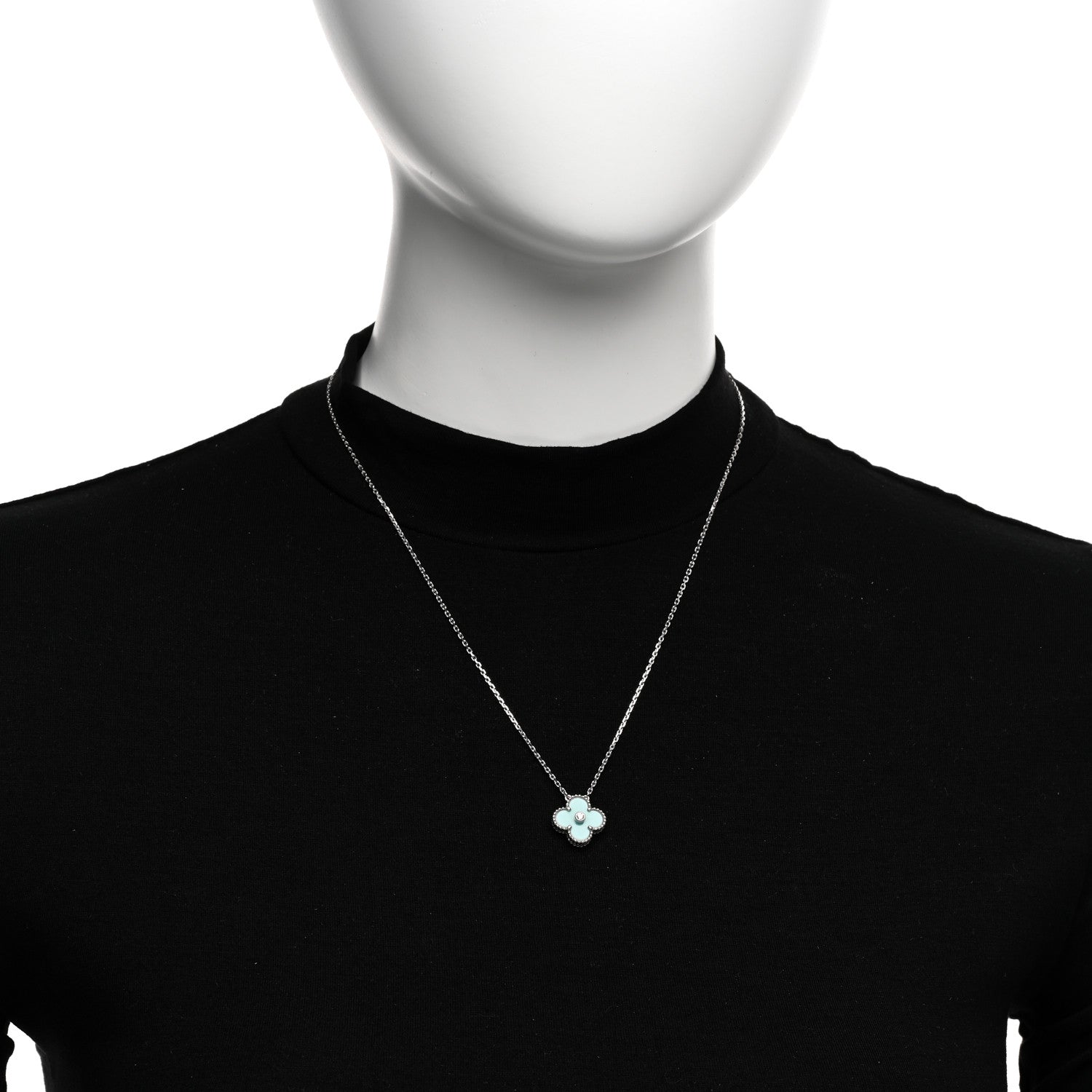 Van Cleef & Arpels 18K White Gold Diamond Celadon Green Sevres Porcelain Vintage Alhambra Pendant Necklace 2 of 6