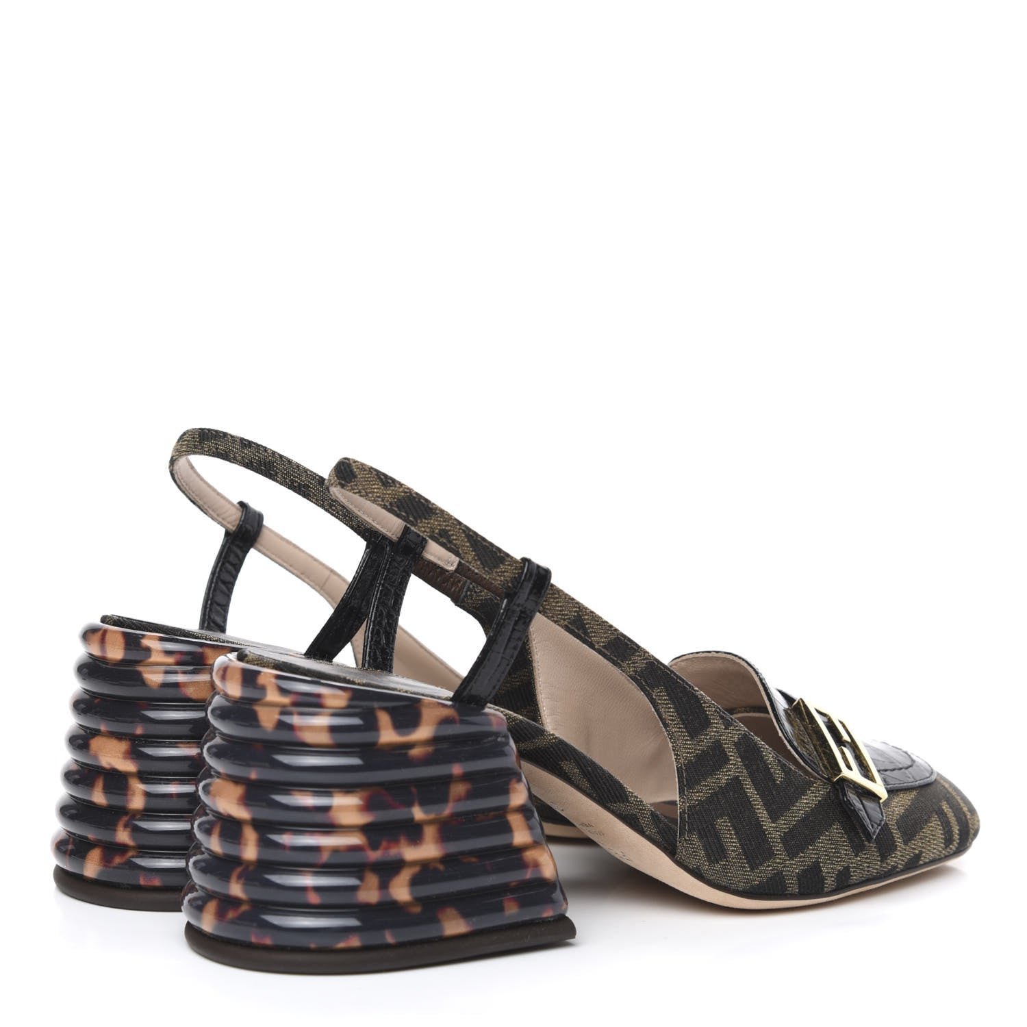 Fendi Jacquard Calfskin FF Tortoise Promenade Slingback Loafer Pumps 35.5 Tobacco 4 of 8