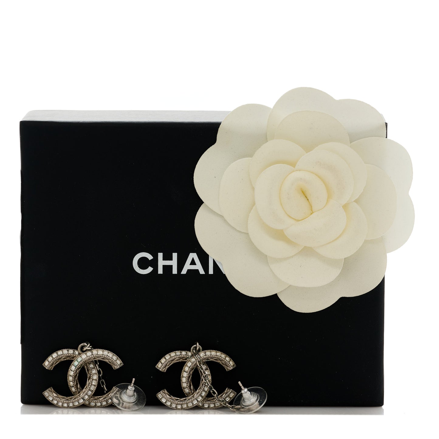 Baguette Crystal Quilted CC Drop Earrings Silver
