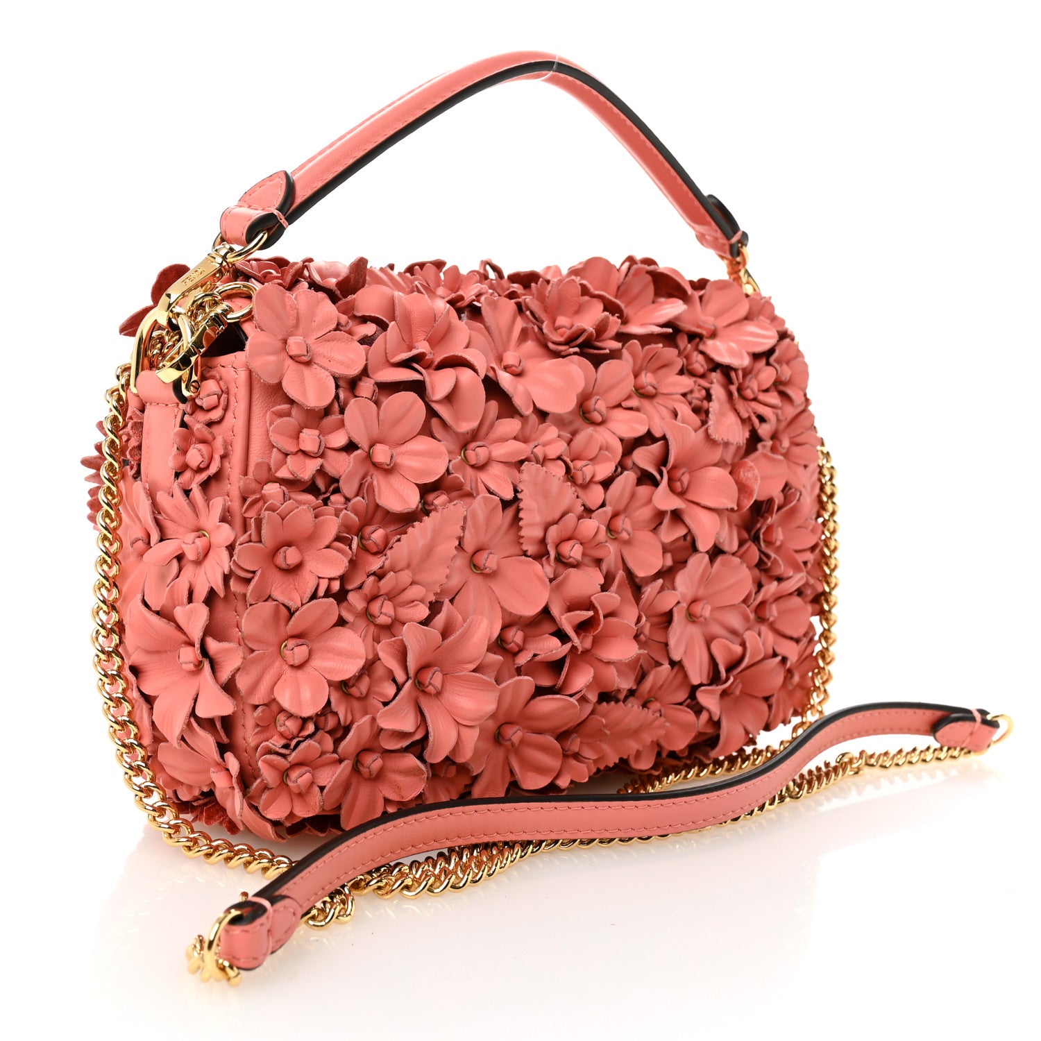 Fendi Vitello Grace 3D Floral Embroidered Flower Mini Baguette