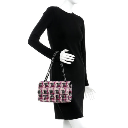 Chanel Tweed Quilted Medium Double Flap Pink Black 3 of 12