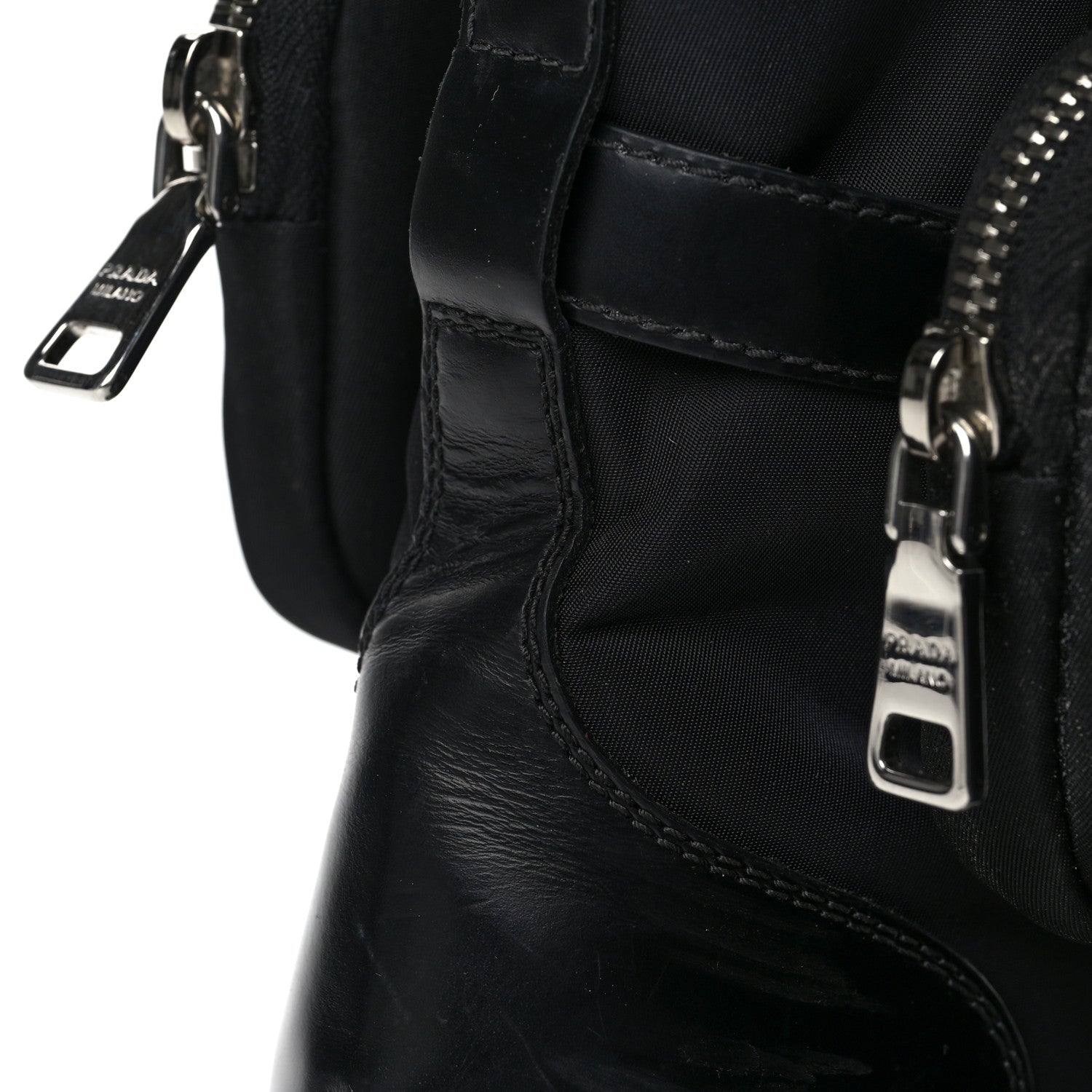 Prada Spazzolato Rois Nylon Metal Triangle Logo Monolith Pouch Pocket 55mm Boots 38.5 Black 12 of 16