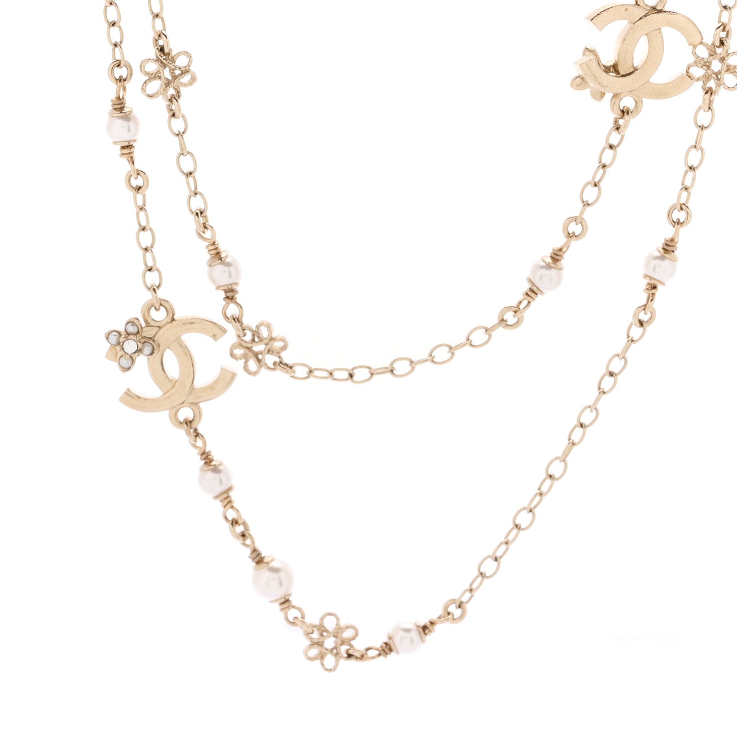 Crystal Pearl CC Flower Charms Long Necklace Light Gold