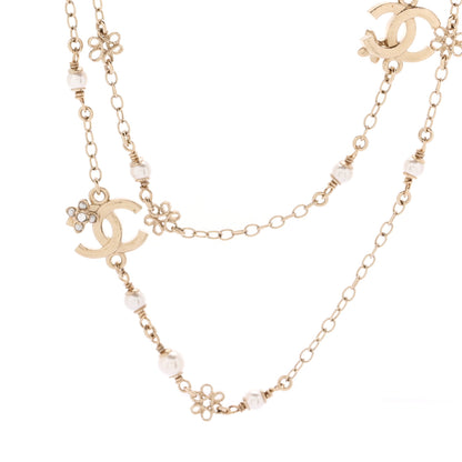 Chanel Crystal Pearl CC Flower Charms Long Necklace Light Gold 4 of 5