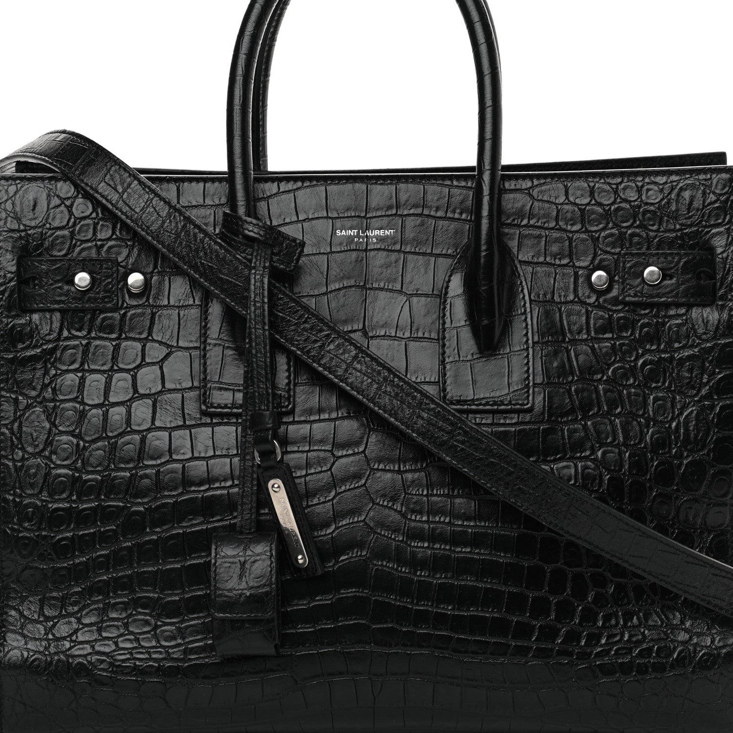 Saint Laurent Calfskin Crocodile Embossed Small Supple Sac de Jour Black 8 of 11