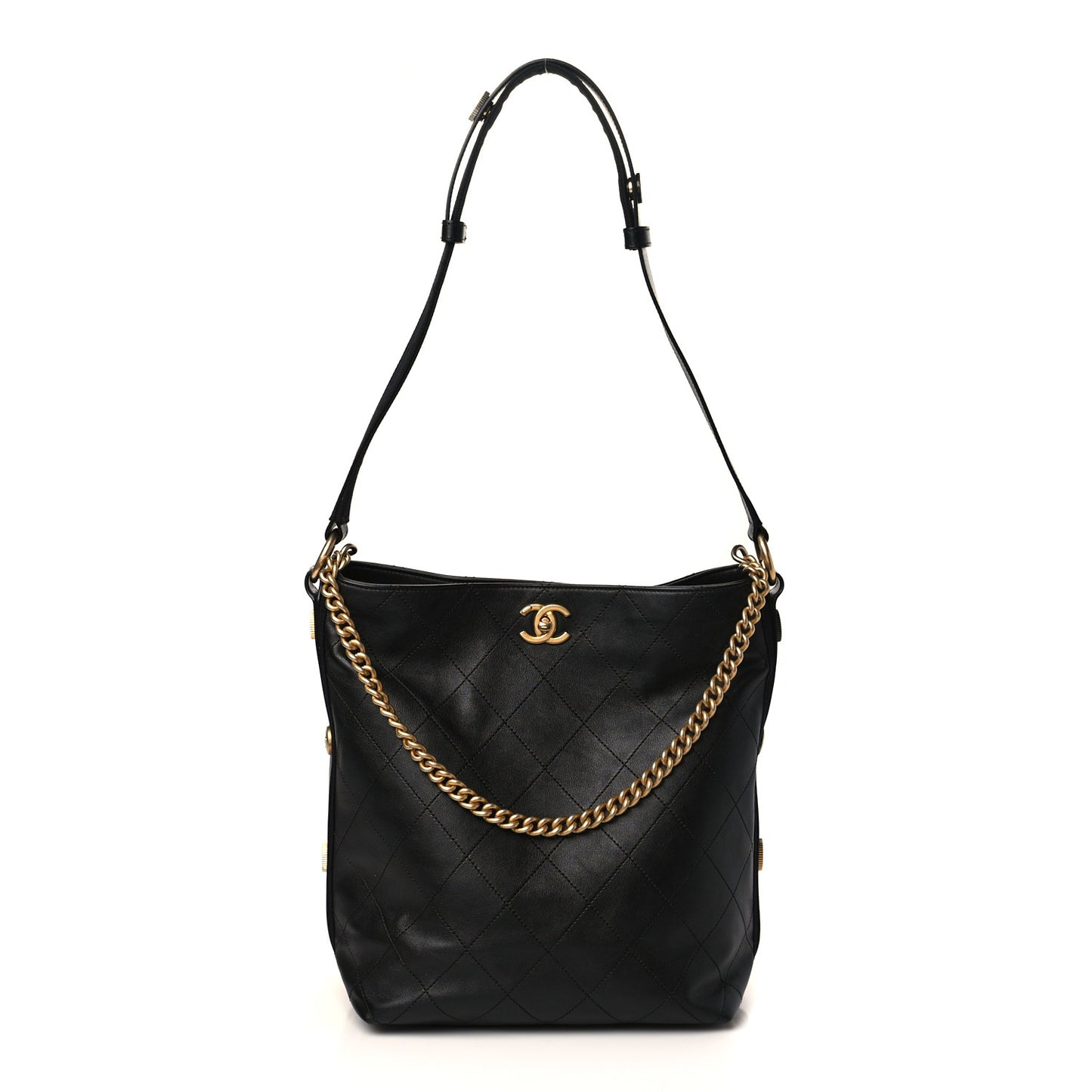 Calfskin Stitched Large Button Up Hobo Black