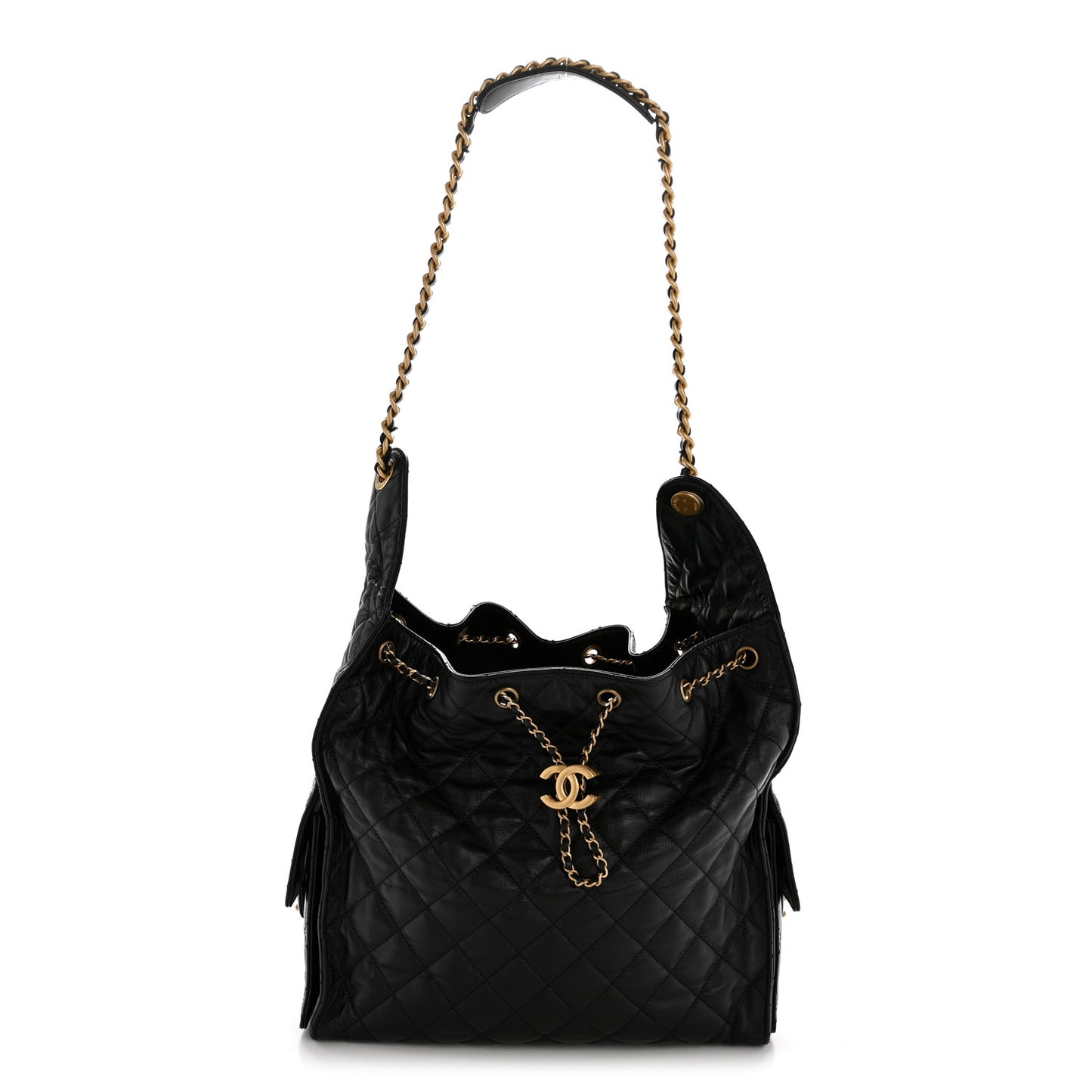 Shiny Crumpled Calfskin Quilted Medium Chanel 25 Handbag Black