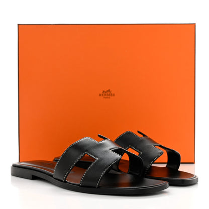 Hermes Box Calfskin Oran Sandals 37.5 Black 9 of 9