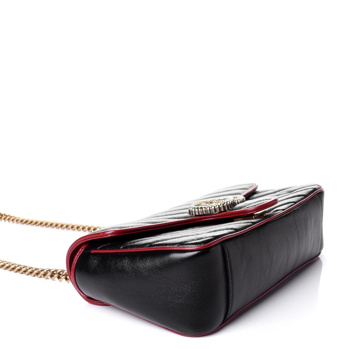 Vintage Effect Calfskin Matelasse Diagonal Small Torchon GG Marmont Shoulder Bag Black Romantic Cherry