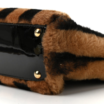 Fendi Shearling Vitello Vernice Mou Pequin Striped Medium Peekaboo Iconic Satchel Tobacco Black 9 of 9