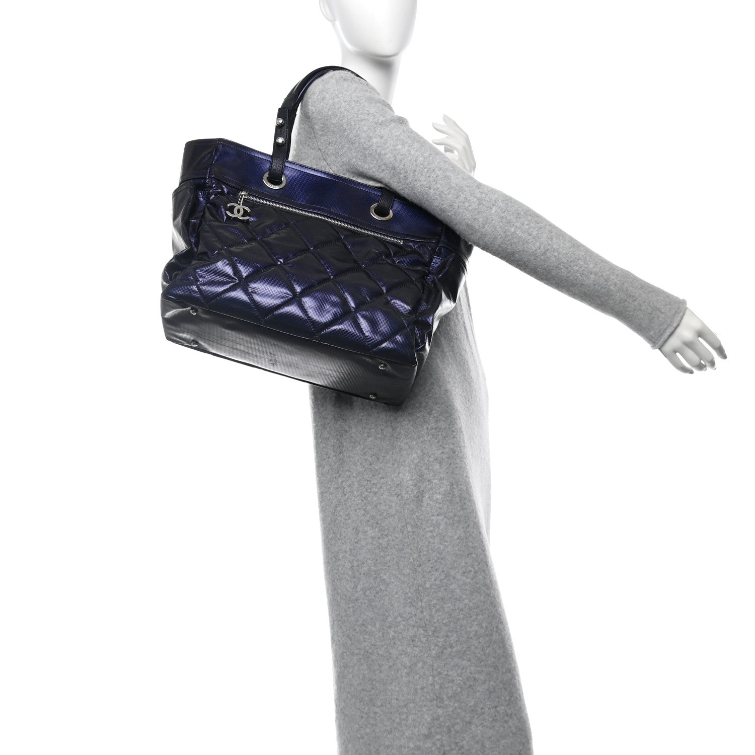 Chanel Metallic Coated Canvas Quilted Large Paris Biarritz Tote Blue 2 of 11