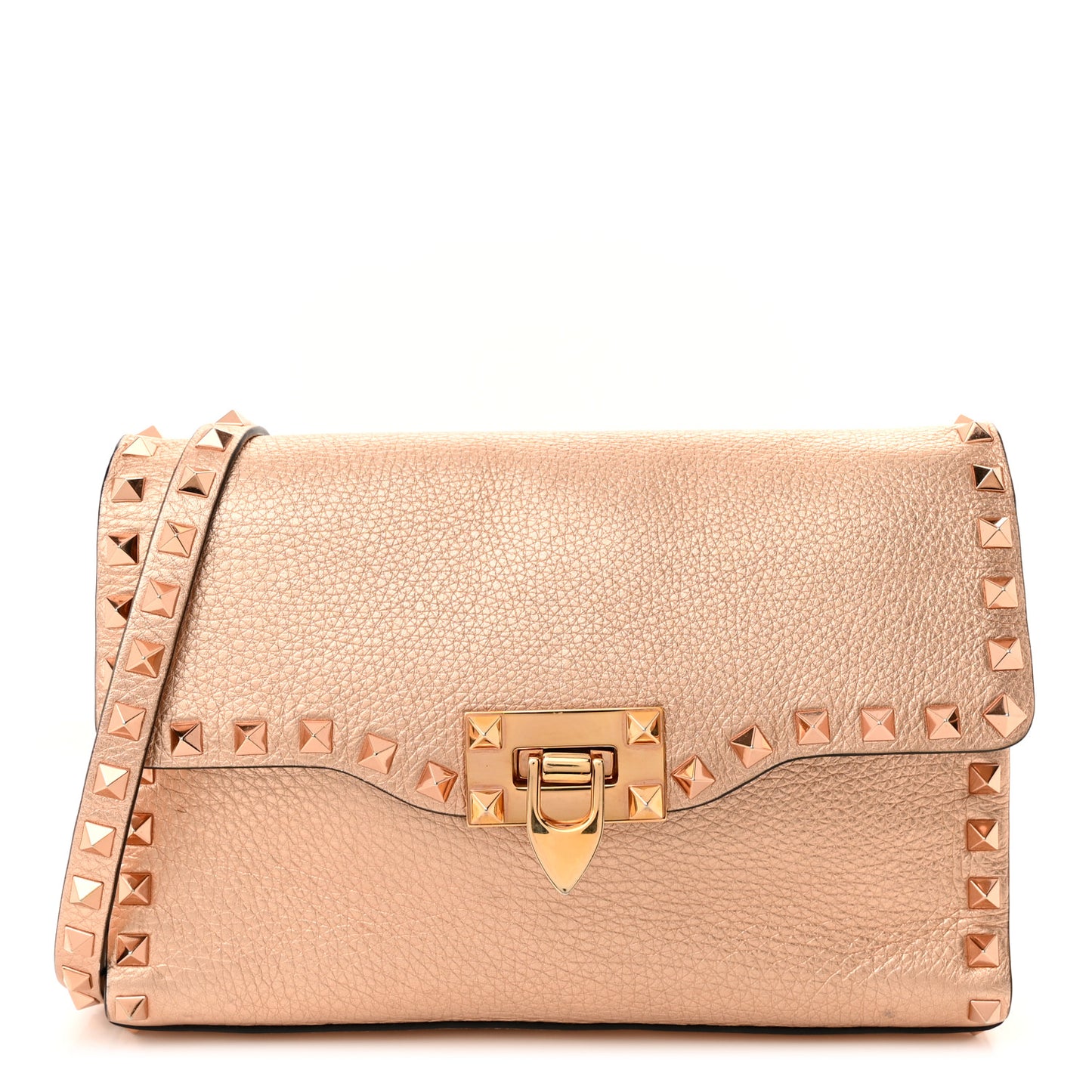 Metallic Pebbled Calfskin Medium Rockstud Flip Lock Crossbody Bag Rame
