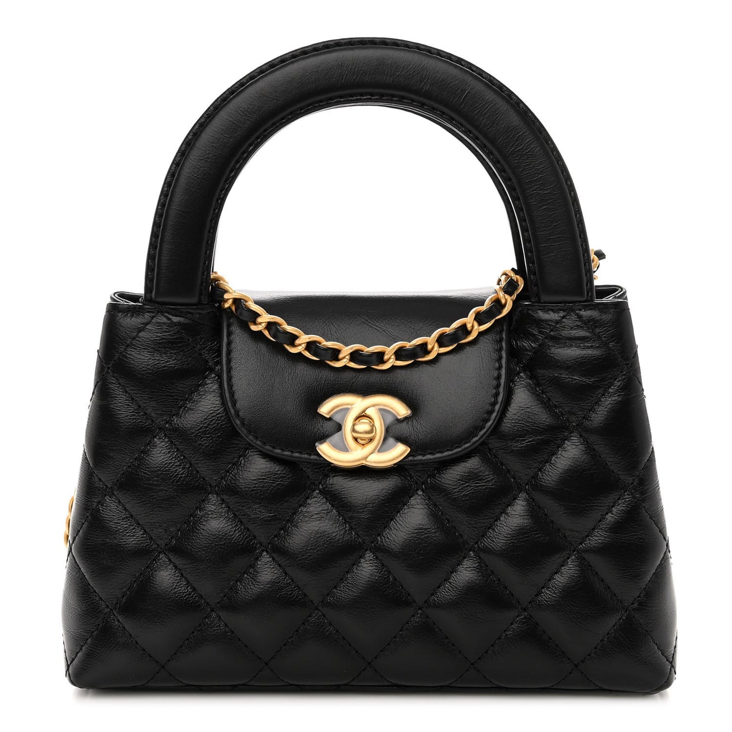 Shiny Aged Calfskin Quilted Nano Kelly Shopper Black