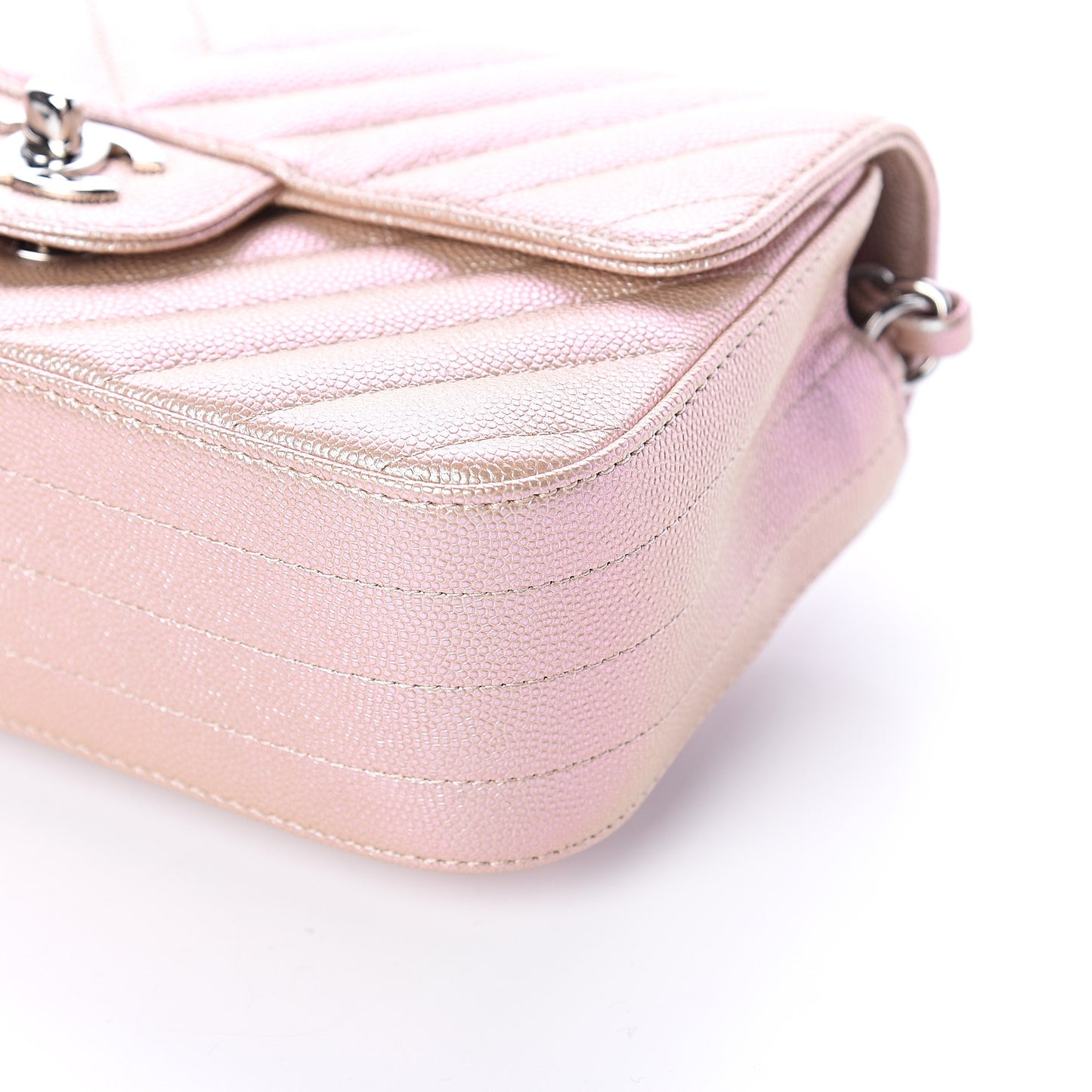 Iridescent Caviar Chevron Quilted Mini Rectangular Flap Light Gold