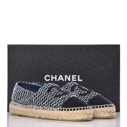 Chanel Tweed Grosgrain CC Espadrilles 38 Black Navy White 10 of 10
