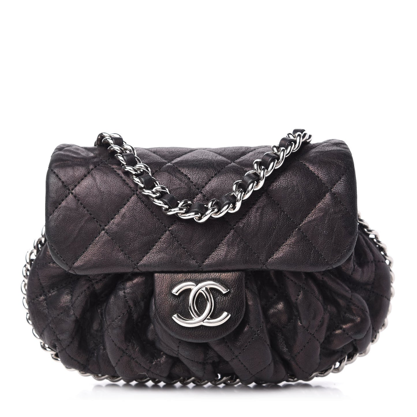 Metallic Washed Lambskin Quilted Mini Chain Around Flap Black