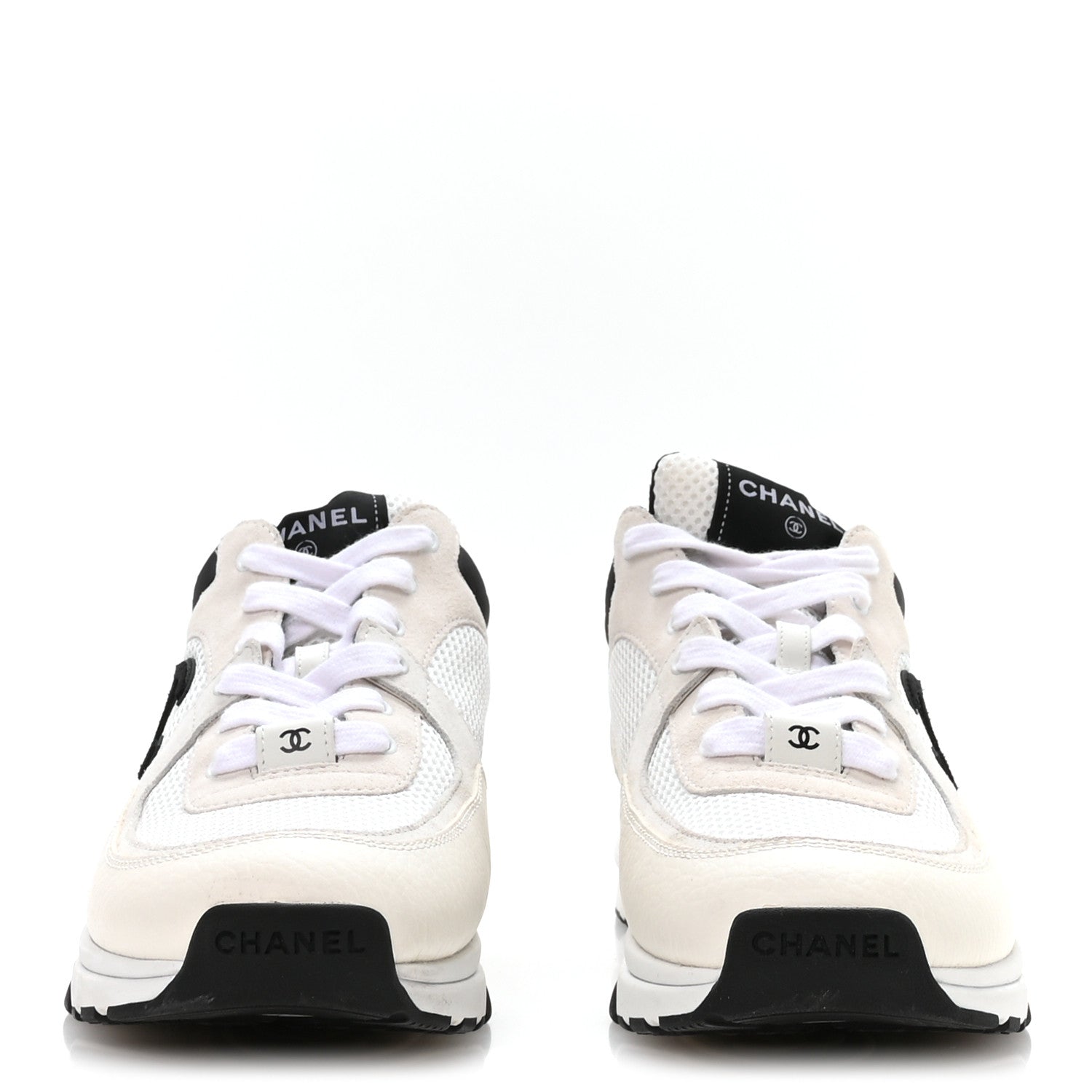 Chanel Mesh Suede Calfskin Grained Calfskin Womens CC Sneakers 41 White Black 3 of 8