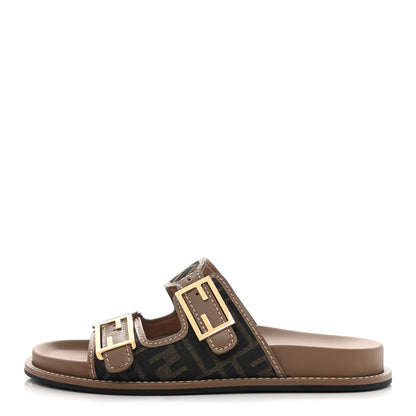 Fendi Fabric Jacquard Nappa FF Womens Fendi Feel Buckled Slide Sandals 41 Tobacco Black Miele Scuro 1 of 18