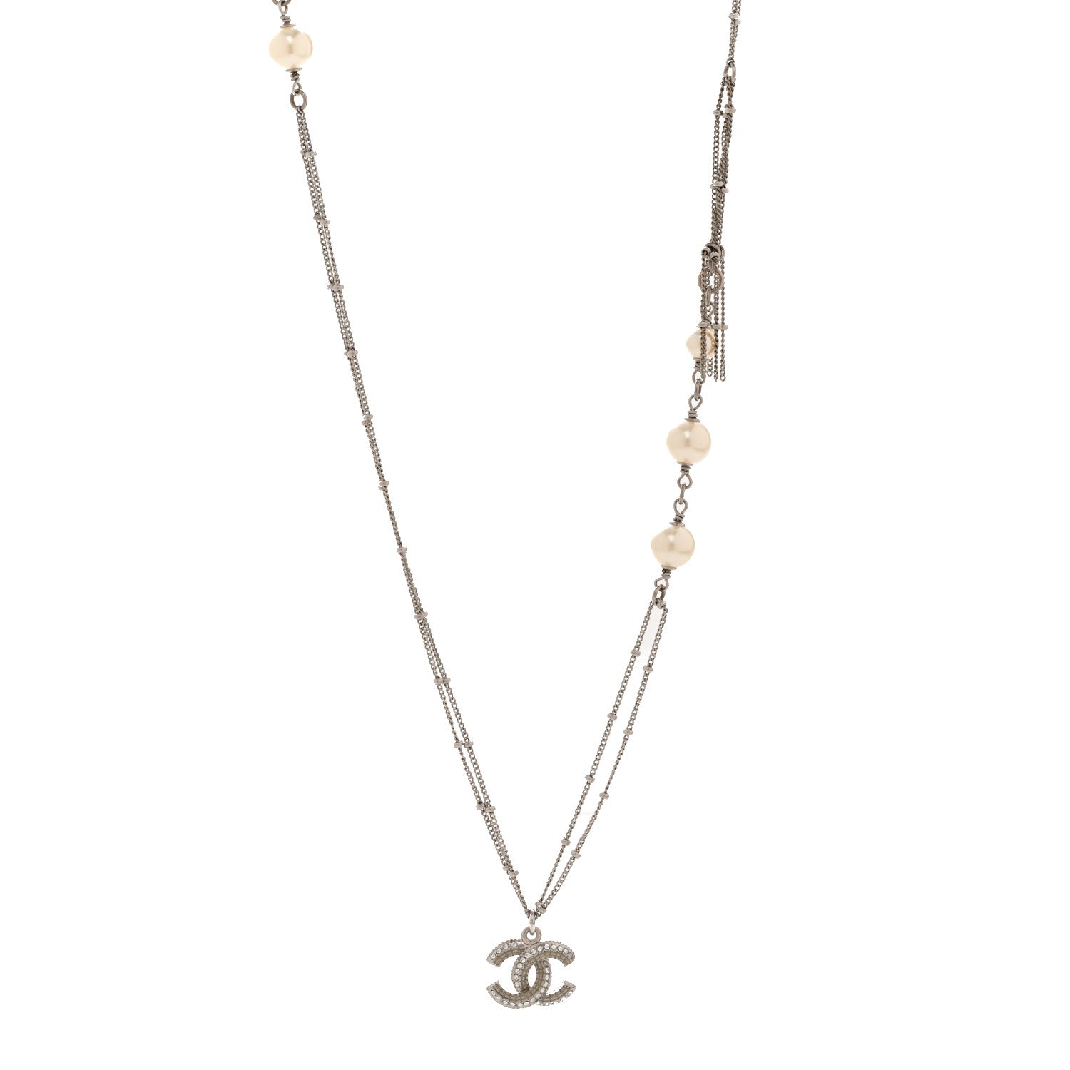 Chanel Crystal Pearl CC Pendant Necklace Silver 1 of 5