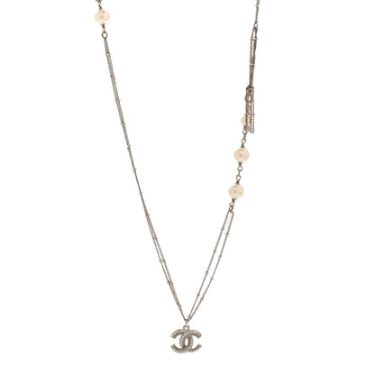 Chanel Crystal Pearl CC Pendant Necklace Silver 1 of 5