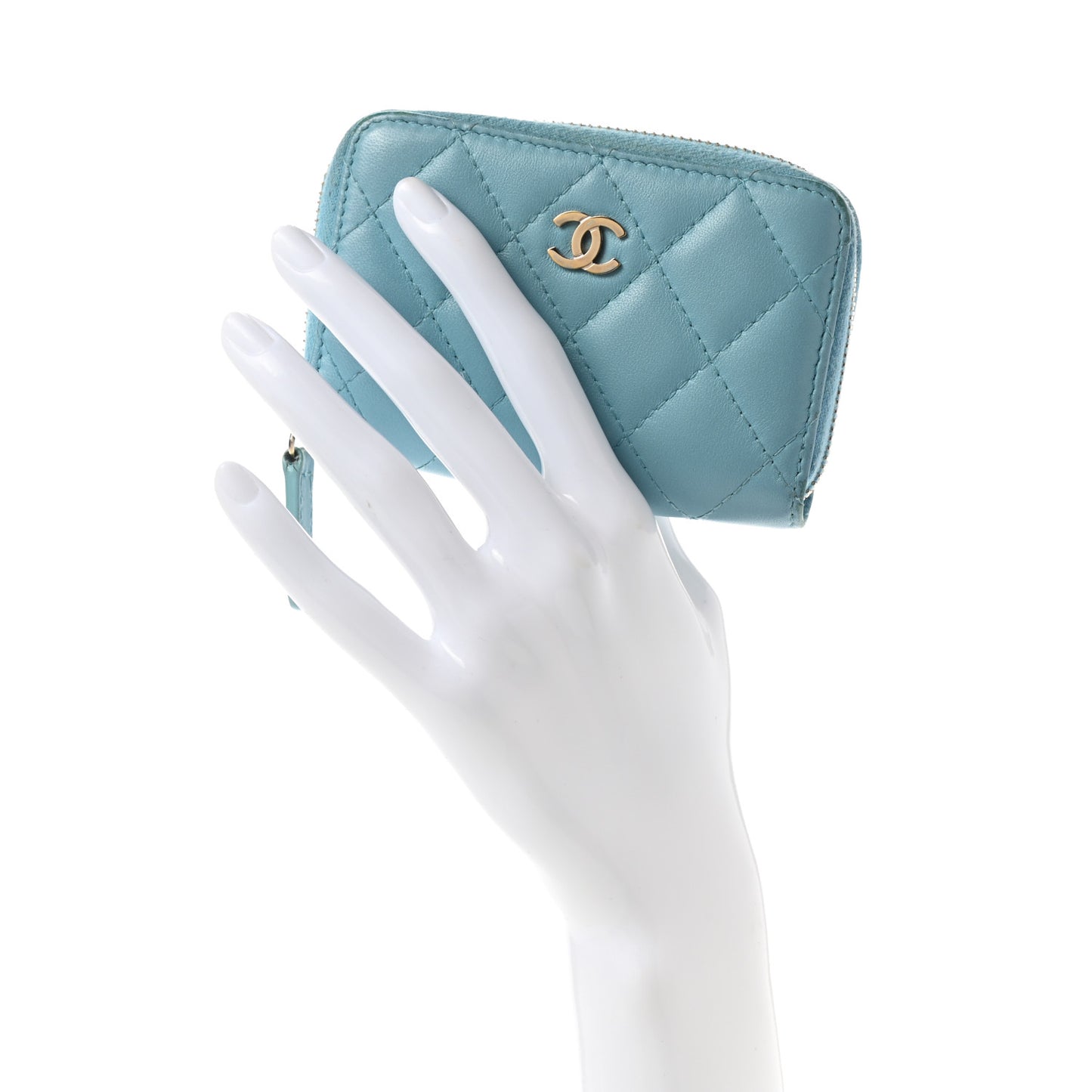 Lambskin Quilted Zip Around Coin Purse Wallet Light Blue