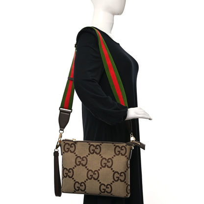 Gucci Monogram Jumbo GG Textured Dollar Calfskin Web Wristlet Messenger Bag Camel Ebony New Acero 2 of 8