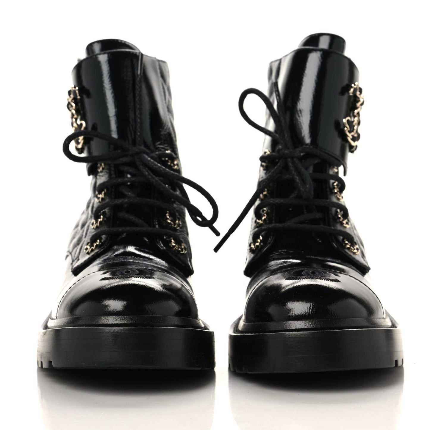 Shiny Calfskin Quilted Lace Up Combat Boots 38 Black