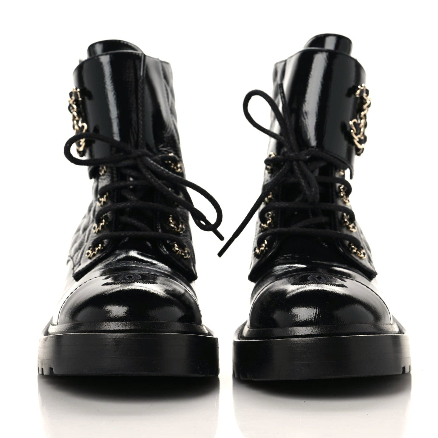 Chanel Shiny Calfskin Quilted Lace Up Combat Boots 38 Black 2 of 8