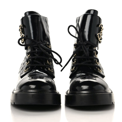 Chanel Shiny Calfskin Quilted Lace Up Combat Boots 38 Black 2 of 8