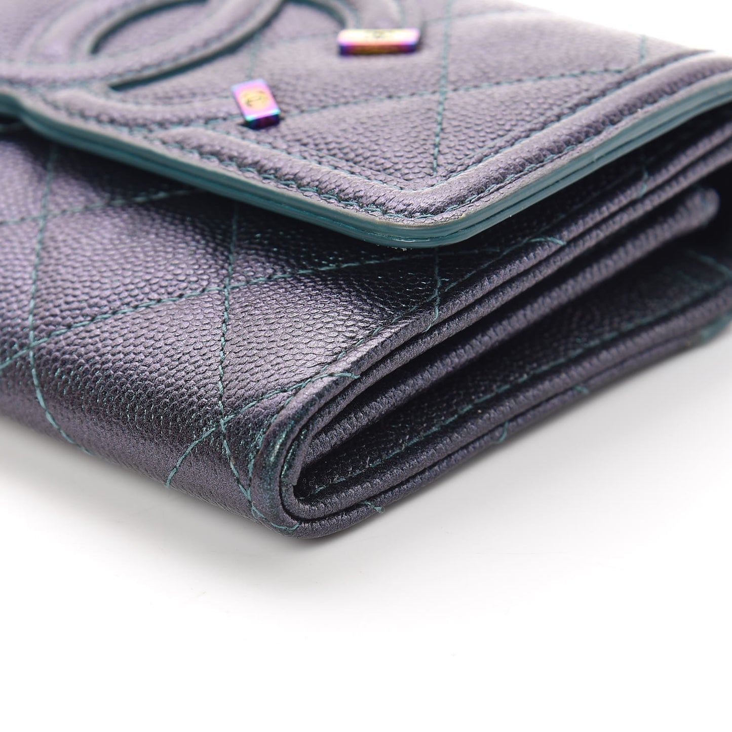 Iridescent Caviar Quilted Medium Filigree Flap Wallet Dark Turquoise
