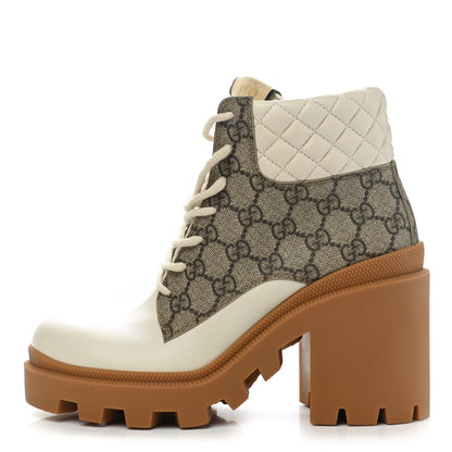 Gucci Calfskin GG Supreme Monogram Nappa Quilted Lace Up Ankle Boots 38 Mystic White Beige 1 of 10