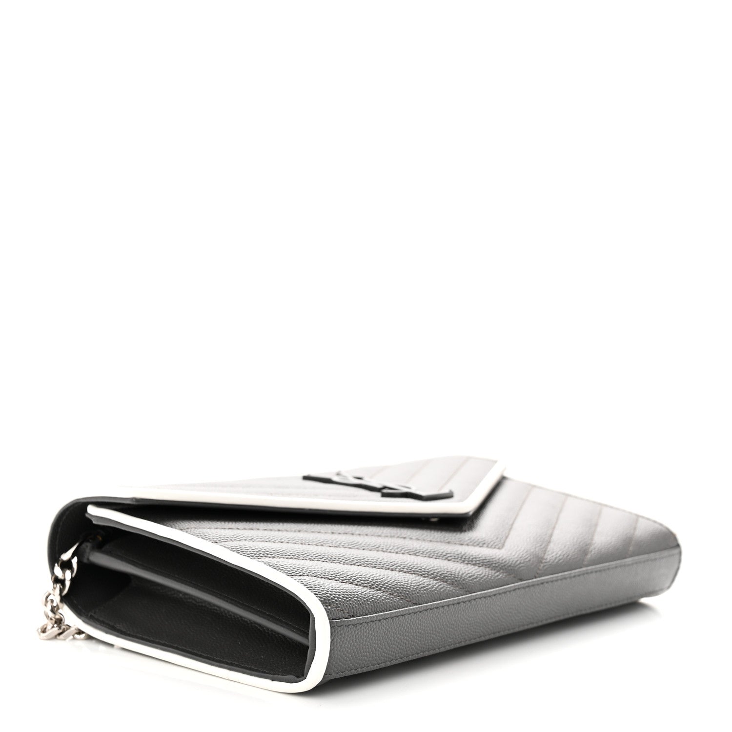 Saint Laurent Grain De Poudre Matelasse Chevron Monogram Chain Wallet Grey White 4 of 11