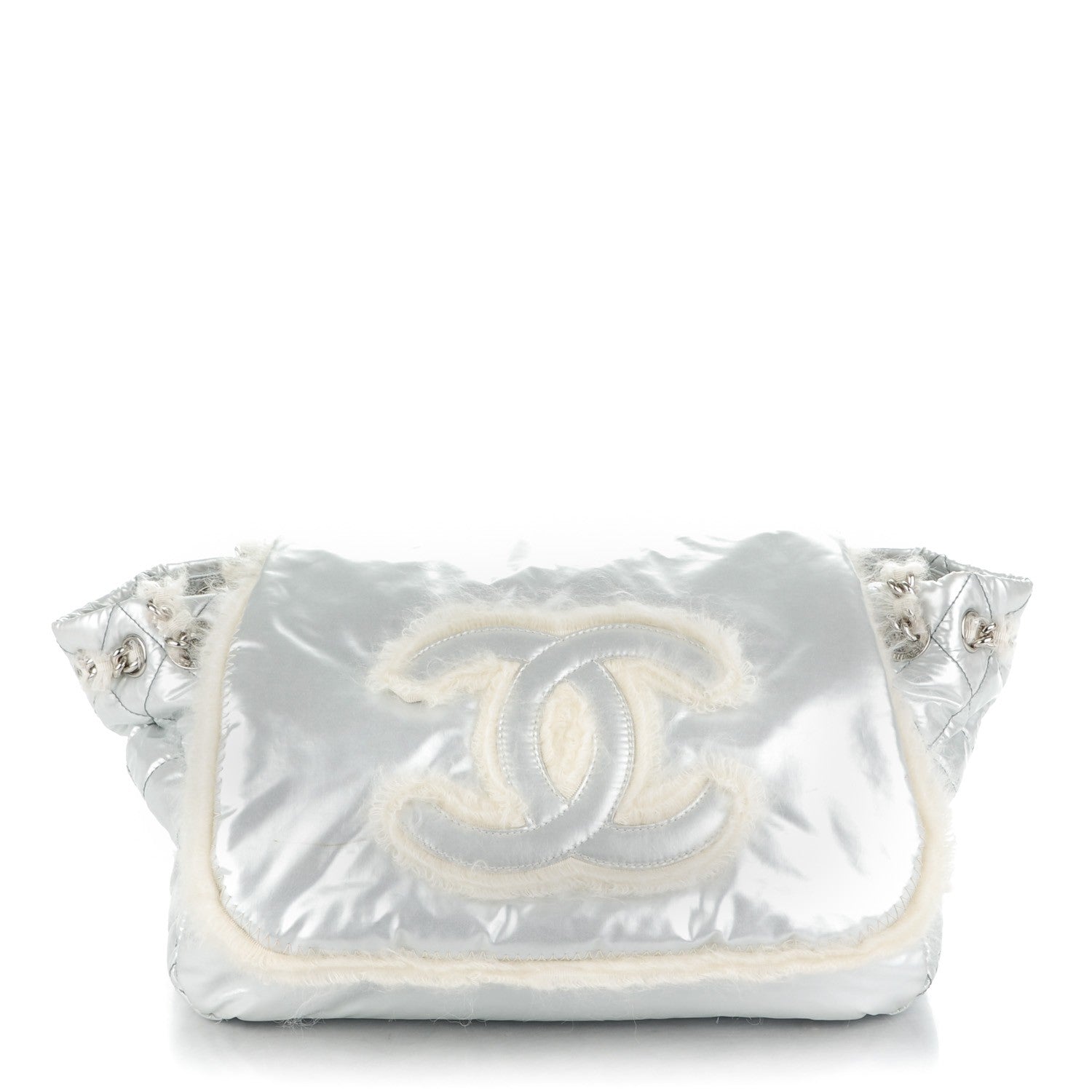 Chanel Vinyl Mohair Trimmed Accordion Arctic Polar Ice Flap Silver 1 of 7