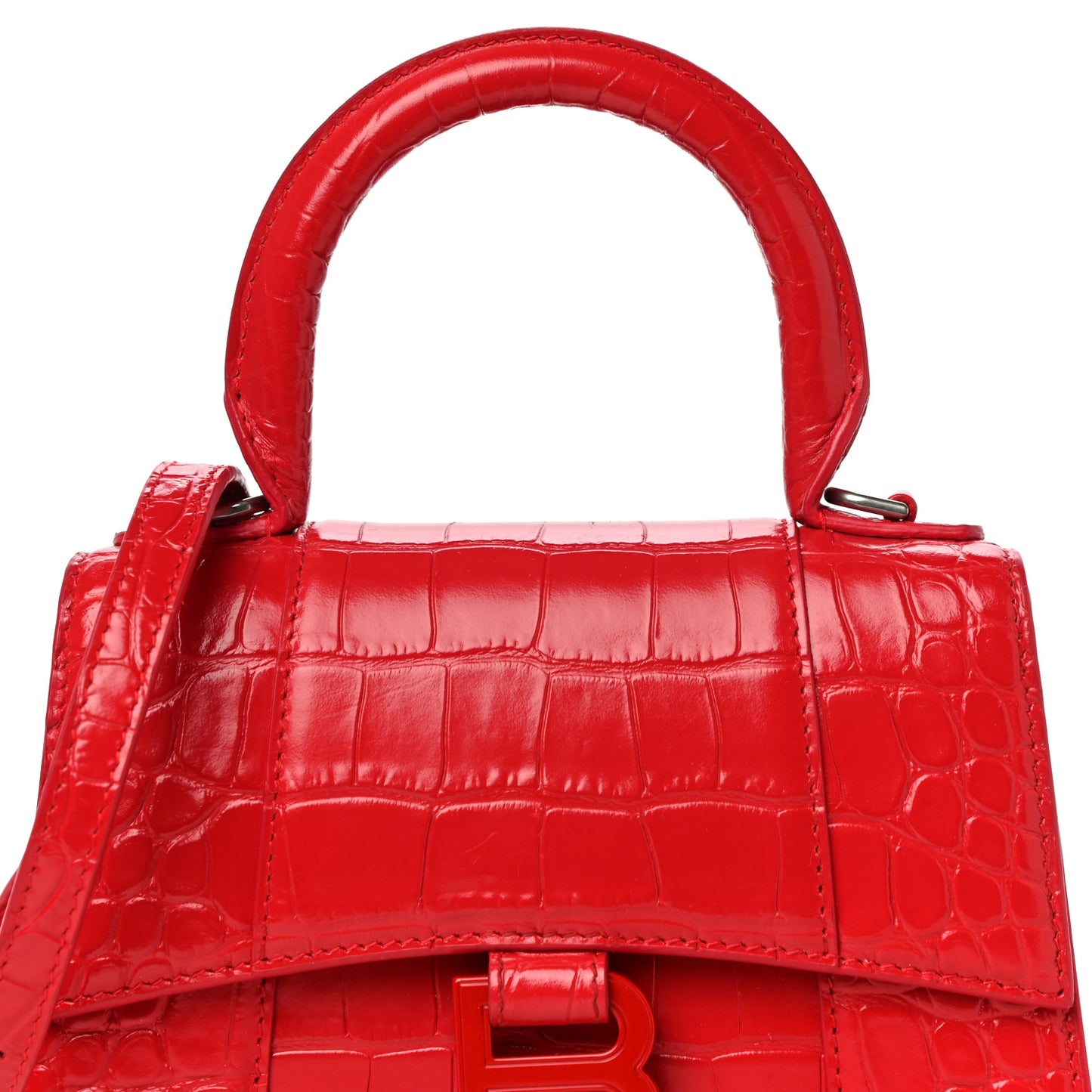 Shiny Calfskin Tonal B Crocodile Embossed Hourglass Top Handle Bag XS Bright Red