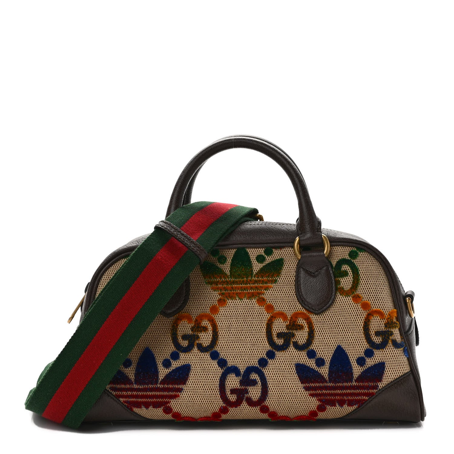 Gucci X ADIDAS Canvas Textured Dollar Calfskin Web GG Monogram Trefoil Medium Bowling Bag Beige Brown Multicolor 1 of 8