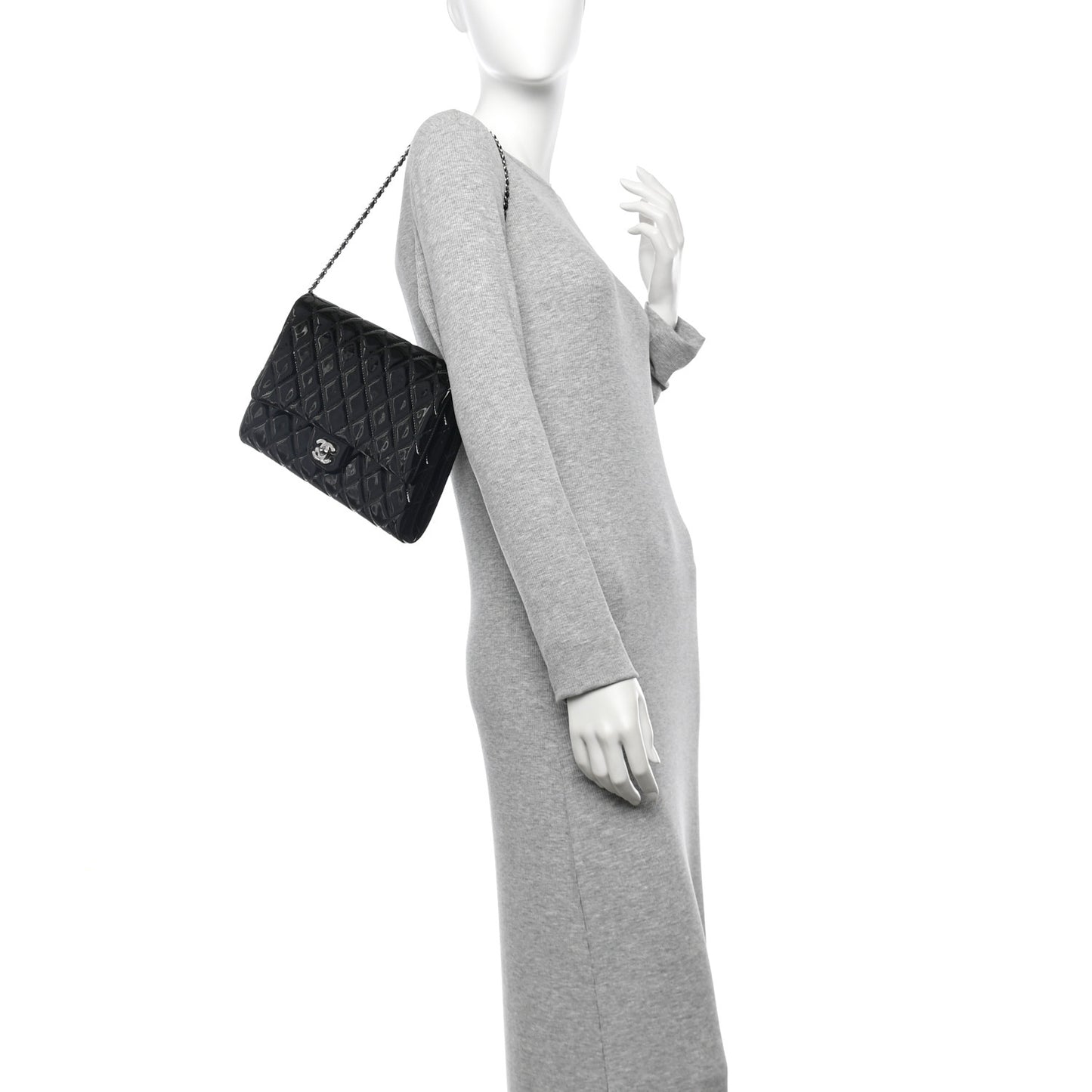 Patent Quilted Clutch with Chain Flap Black